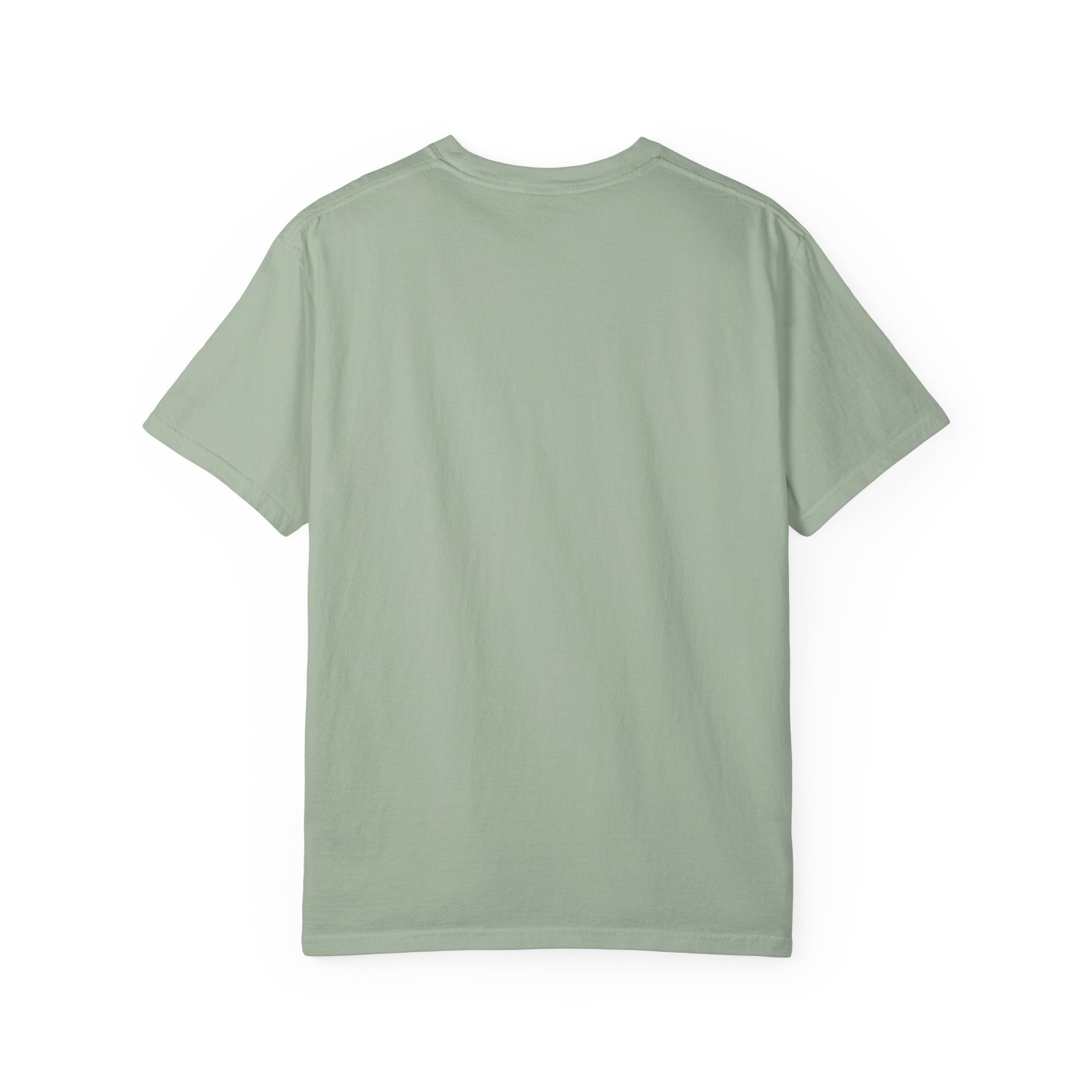 Sage green crewneck T-shirt, plain front and short sleeves.