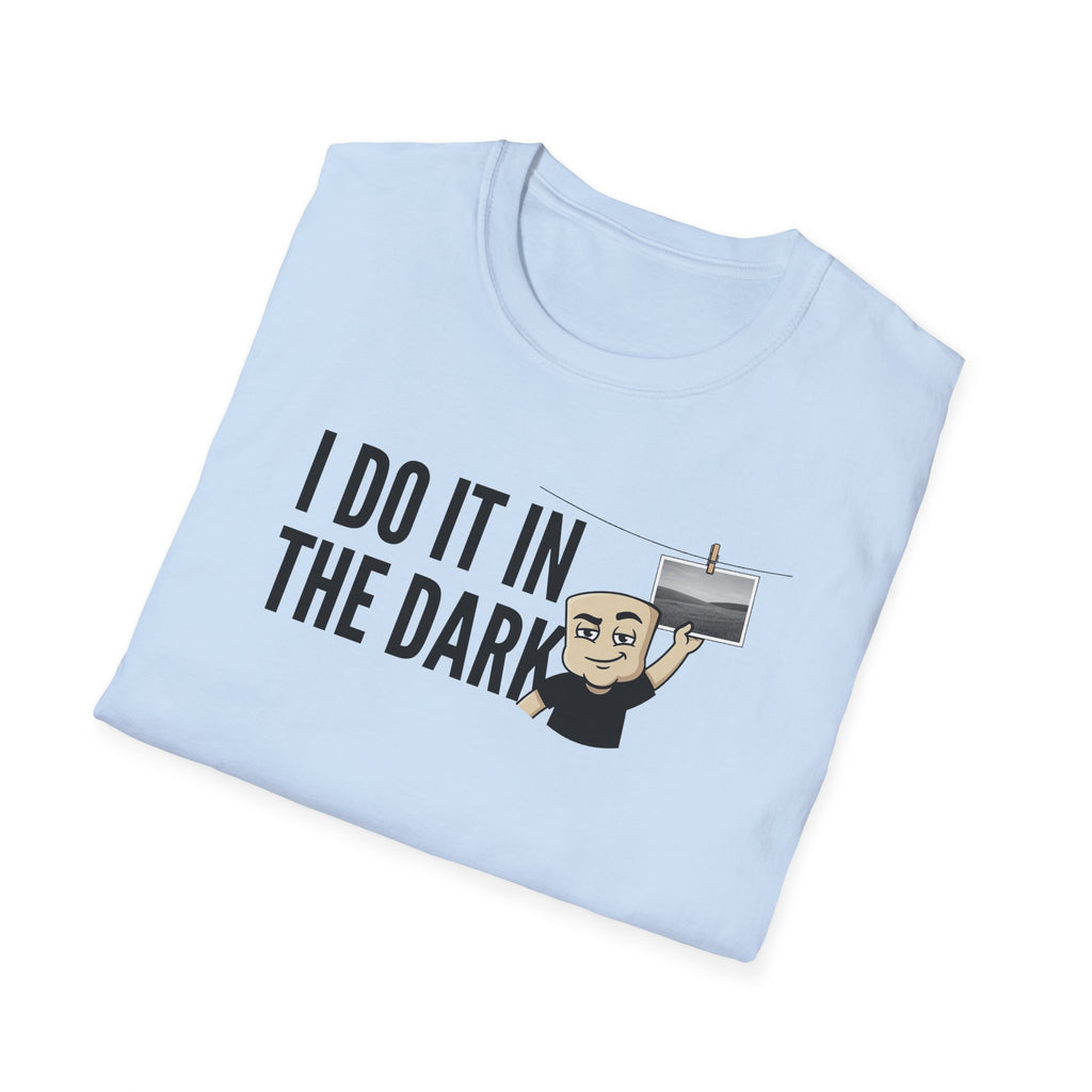 Light blue T-shirt with 'I Do It In The Dark' graphic and photographer face