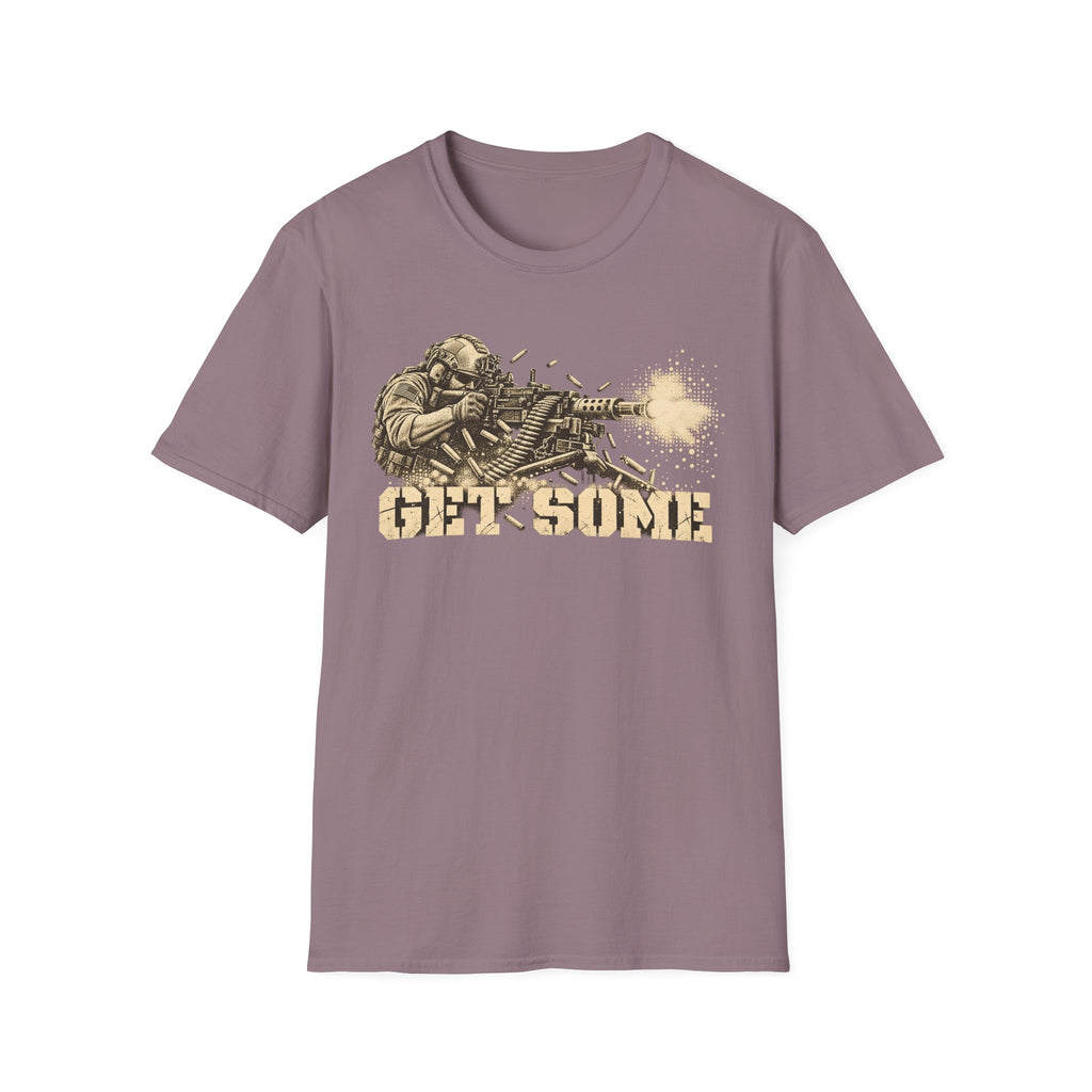 Dusty mauve crewneck graphic T-shirt with vintage soldier and gun print