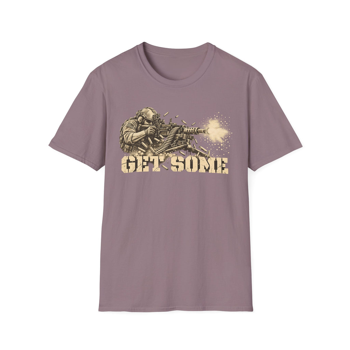 Dusty mauve crewneck graphic T-shirt with vintage soldier and gun print