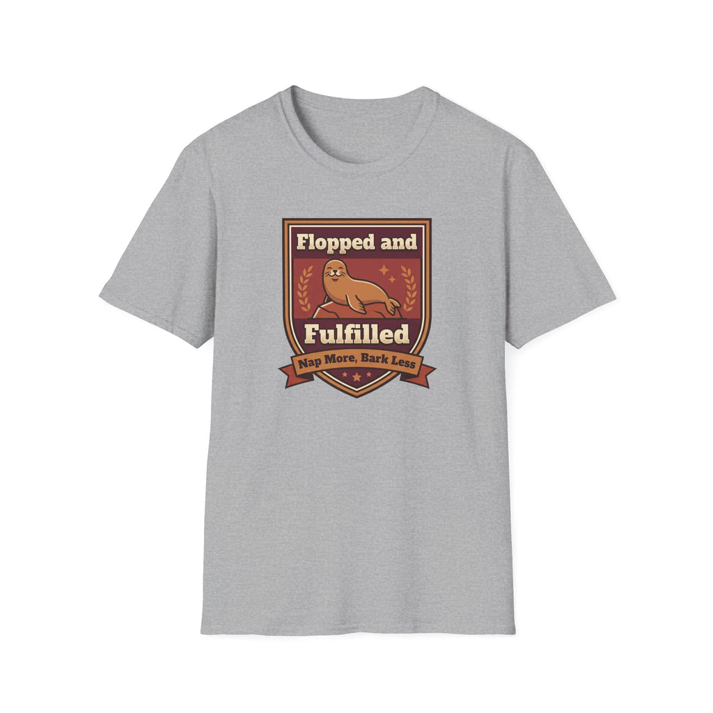 Light gray seal graphic T-shirt with front badge logo, crew neck, short sleeves