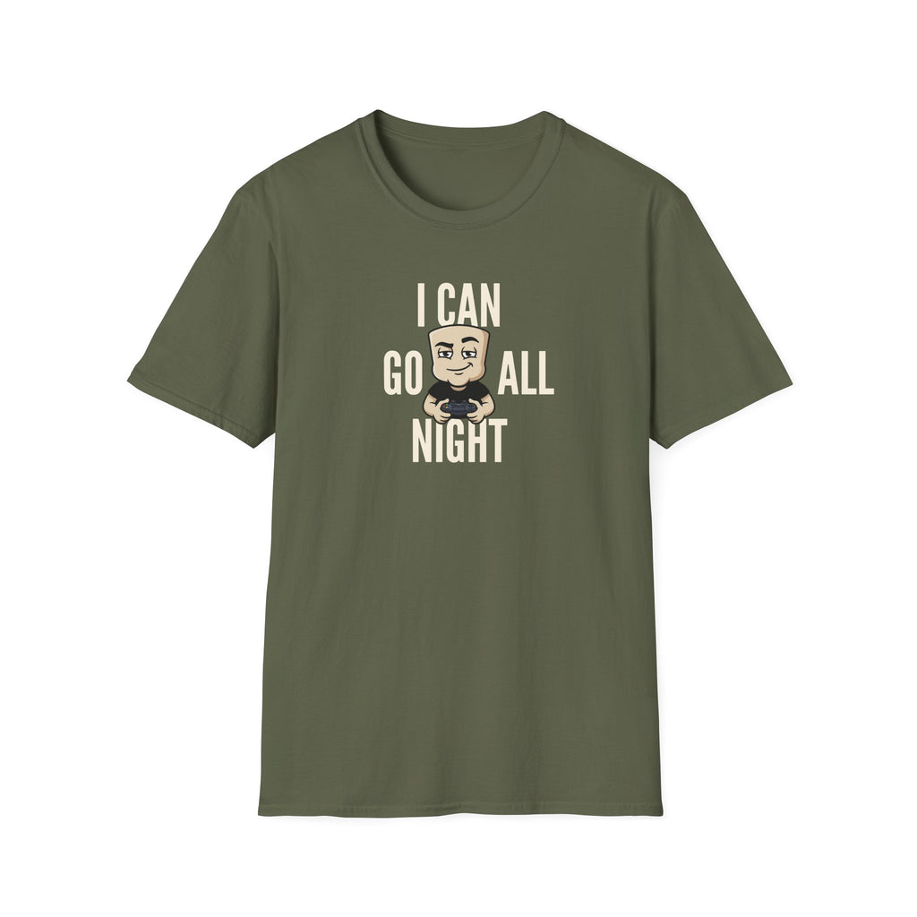Dark green T-shirt with front gamer graphic and “I Can Go All Night” text