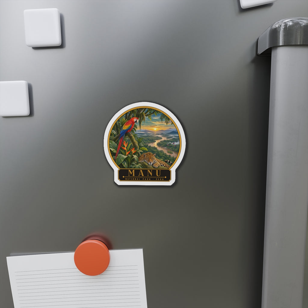 MANU magnet on fridge door with colorful jungle and winding sunset river