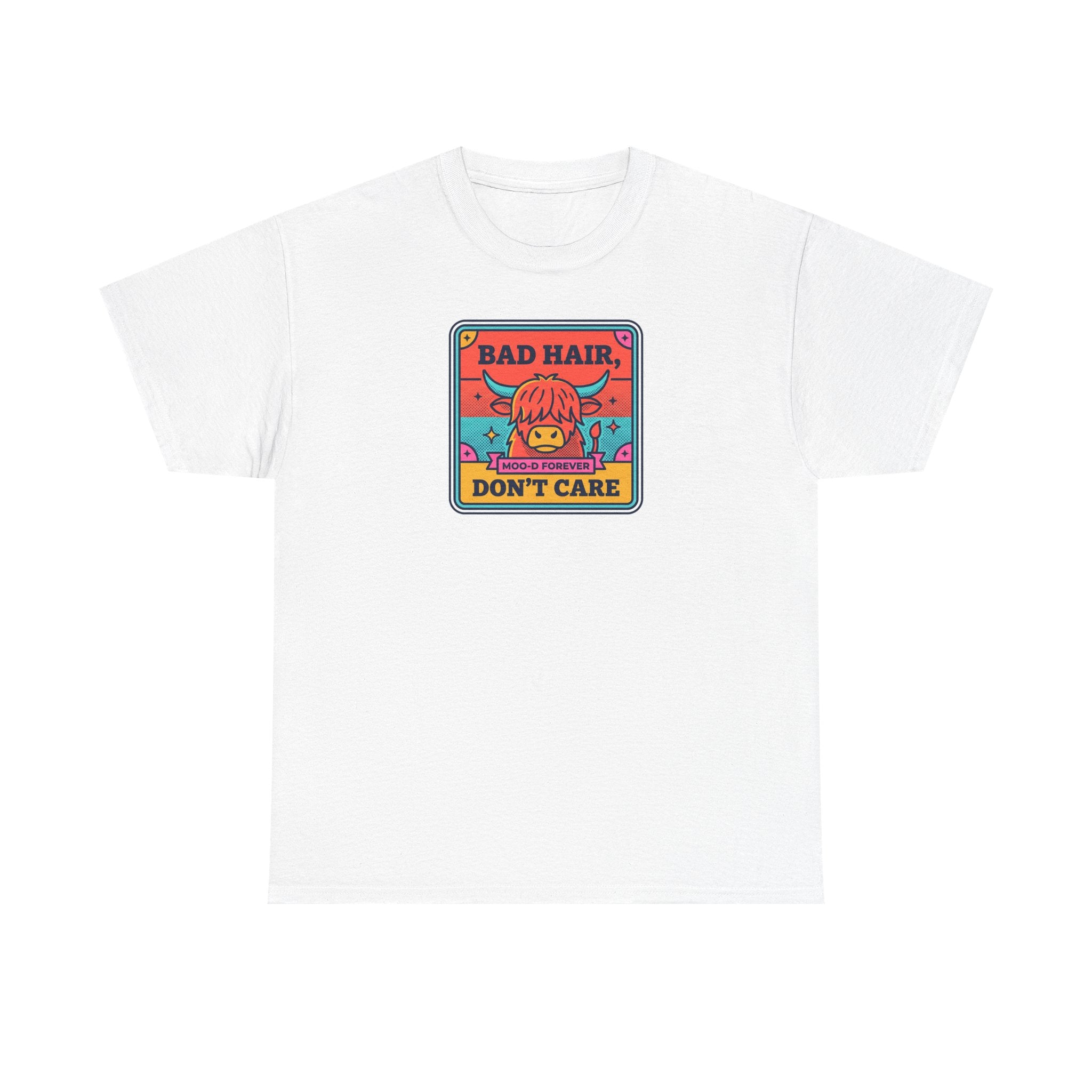 White t-shirt with square cow graphic reading “Bad Hair Don’t Care”.