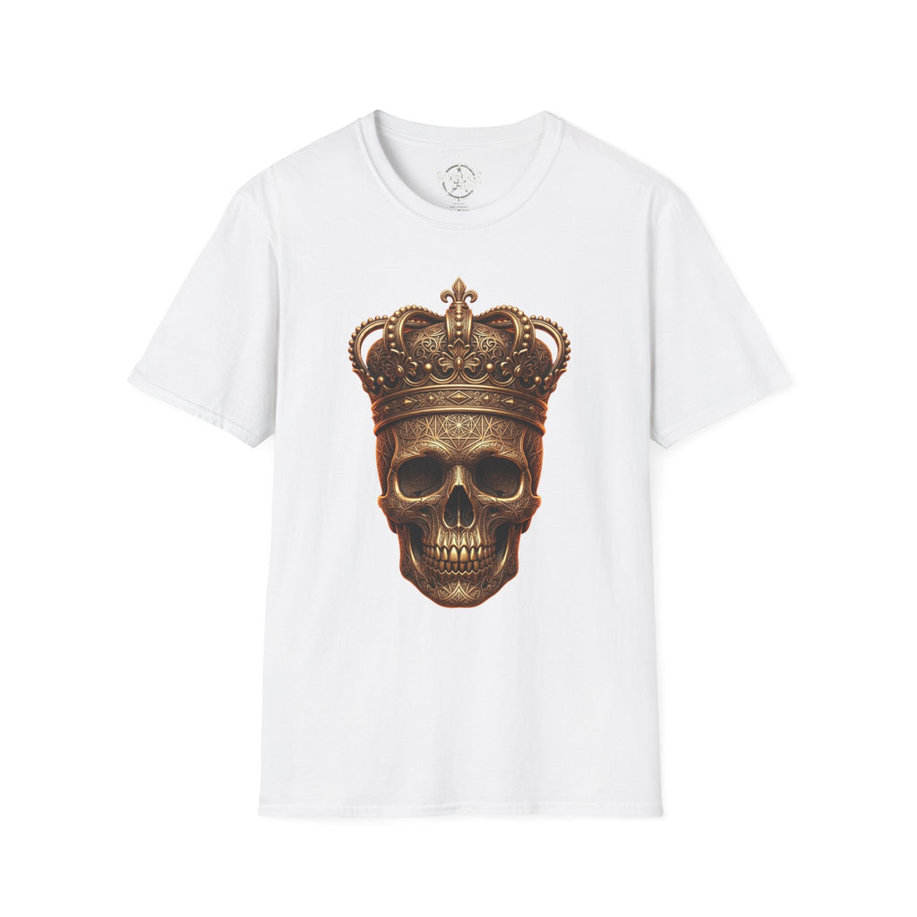 White gothic skull T-shirt with gold crown graphic
