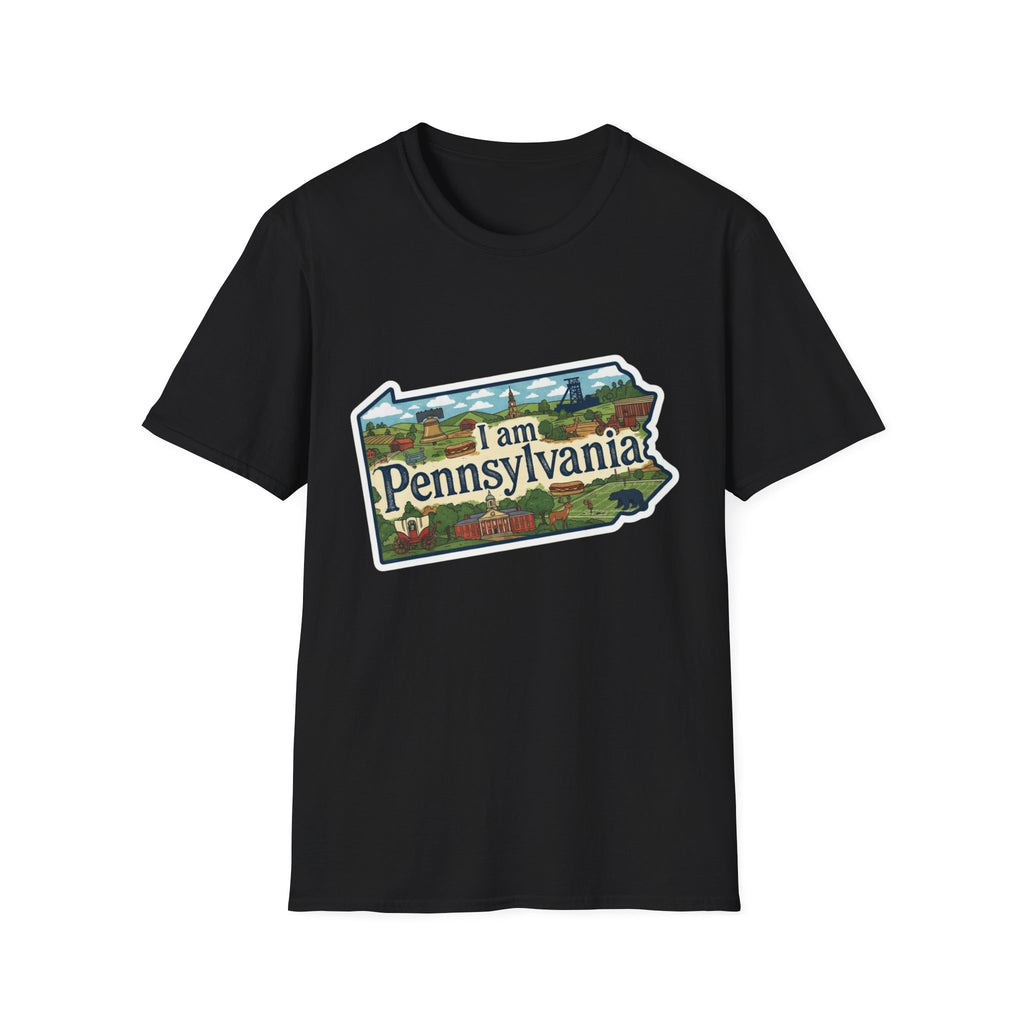 I am Pennsylvania T-shirt (black) with Pennsylvania scenic landmarks graphic