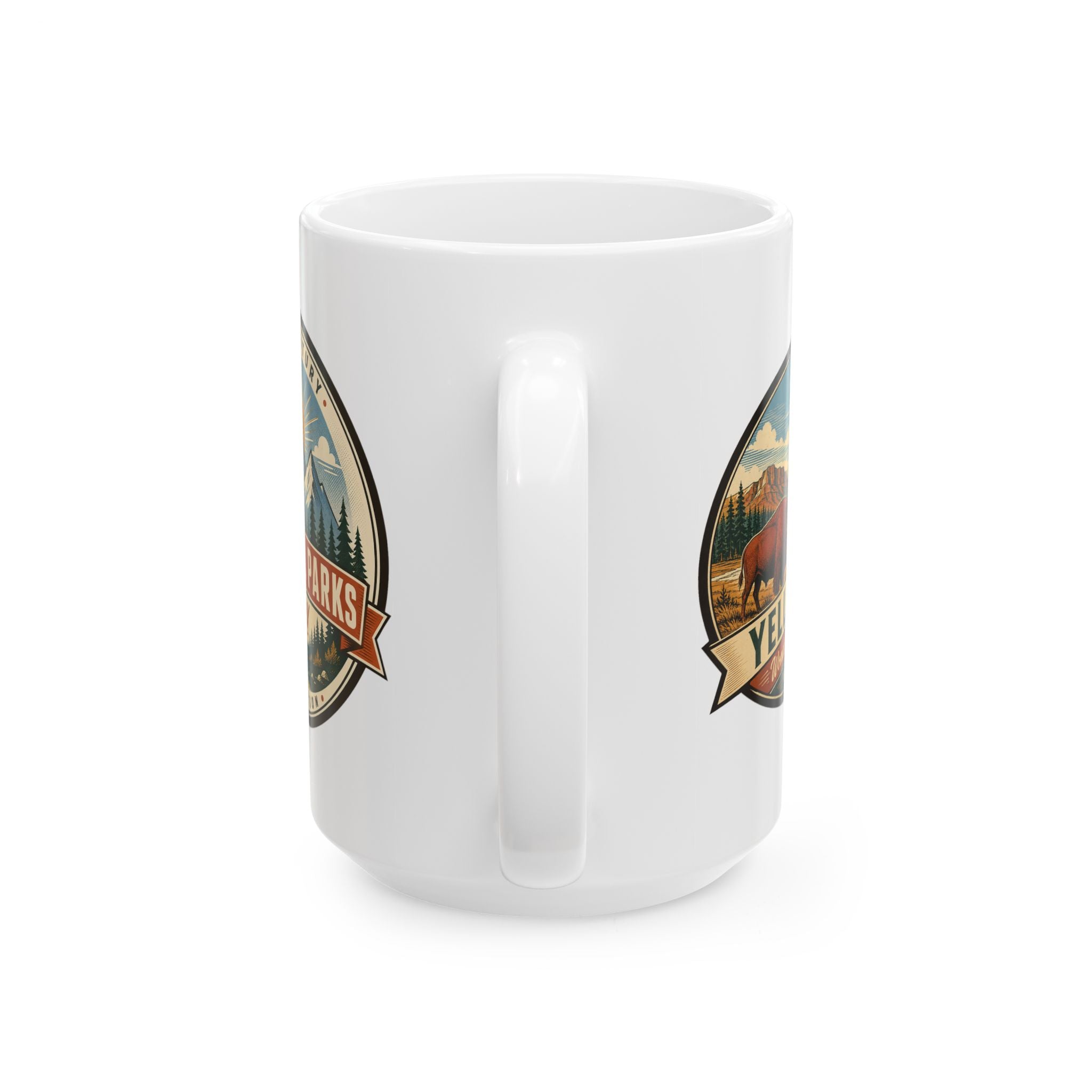 White ceramic mug with two side Yellowstone badge graphics and central molded grip