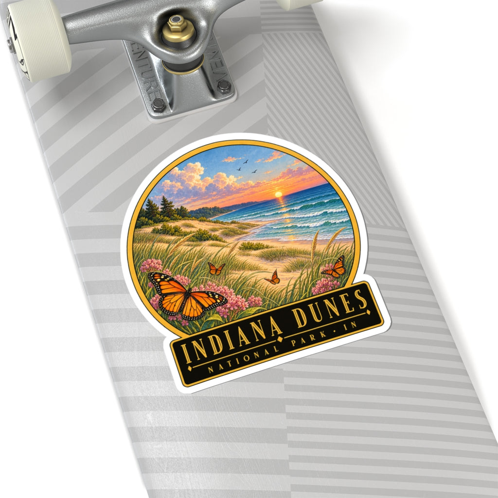 Indiana Dunes sticker on notebook: sunset dunes, butterflies, and “INDIANA DUNES NATIONAL PARK IN”