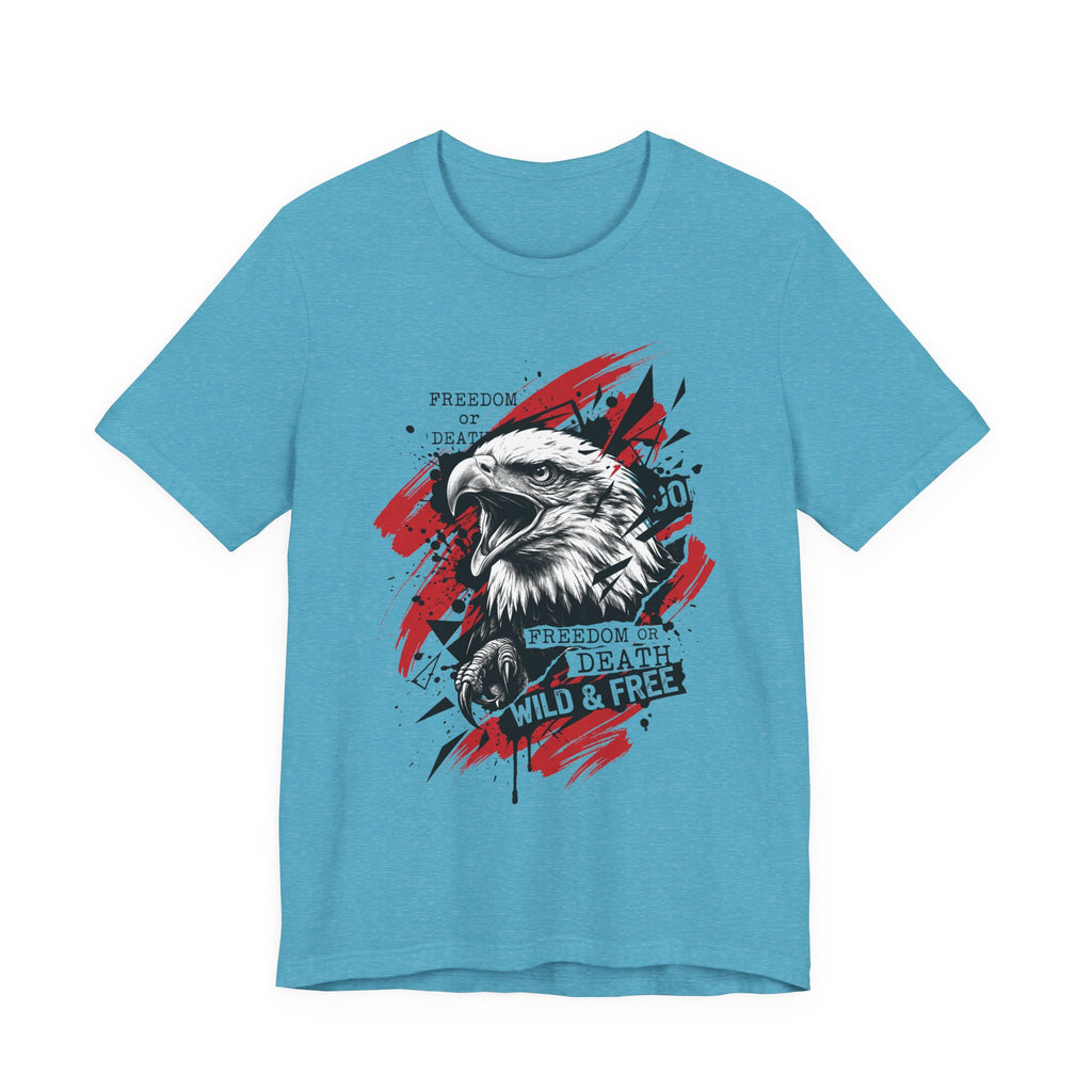 Blue crewneck T-shirt with bald eagle graphic in red and black