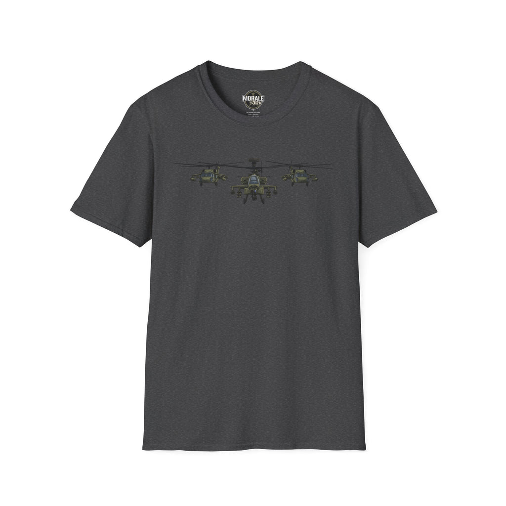 Dark gray heather crewneck T-shirt with three-helicopter graphic on the chest