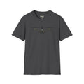 Dark gray heather crewneck T-shirt with three-helicopter graphic on the chest