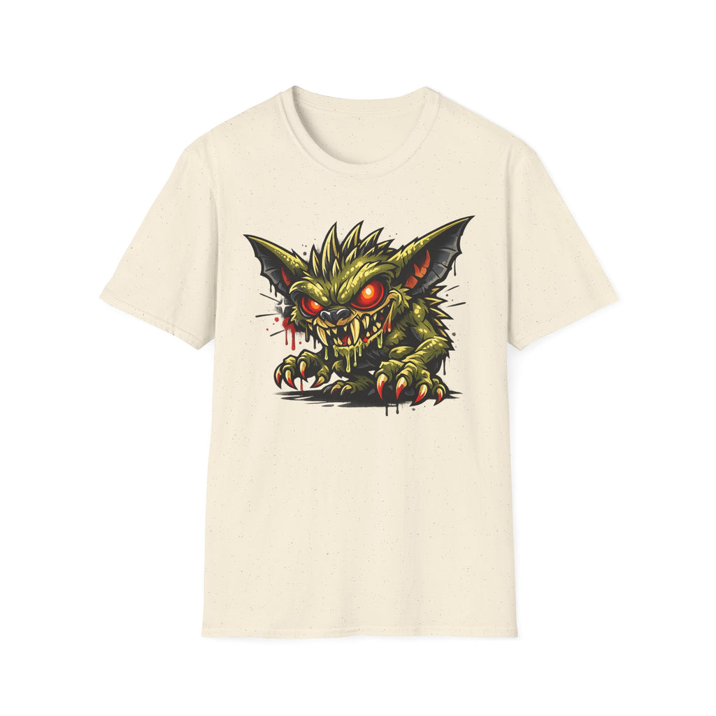 Unisex white crewneck T-shirt with green gremlin red-eyed graphic