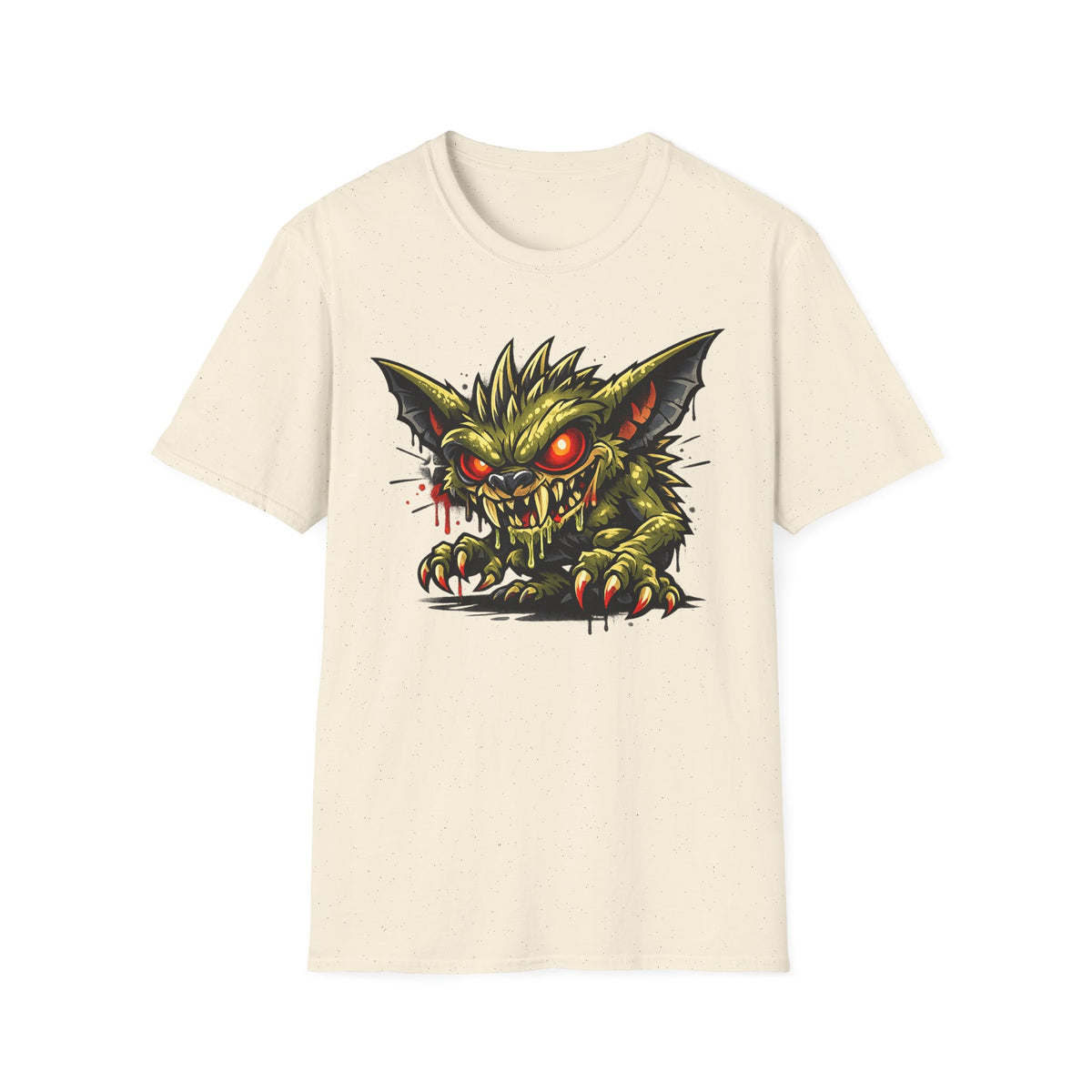 Unisex white crewneck T-shirt with green gremlin red-eyed graphic