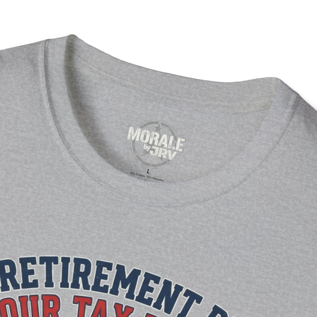 Sport Grey T-shirt close-up of neckline and collar label; partial “RETIREMENT PLAN” print
