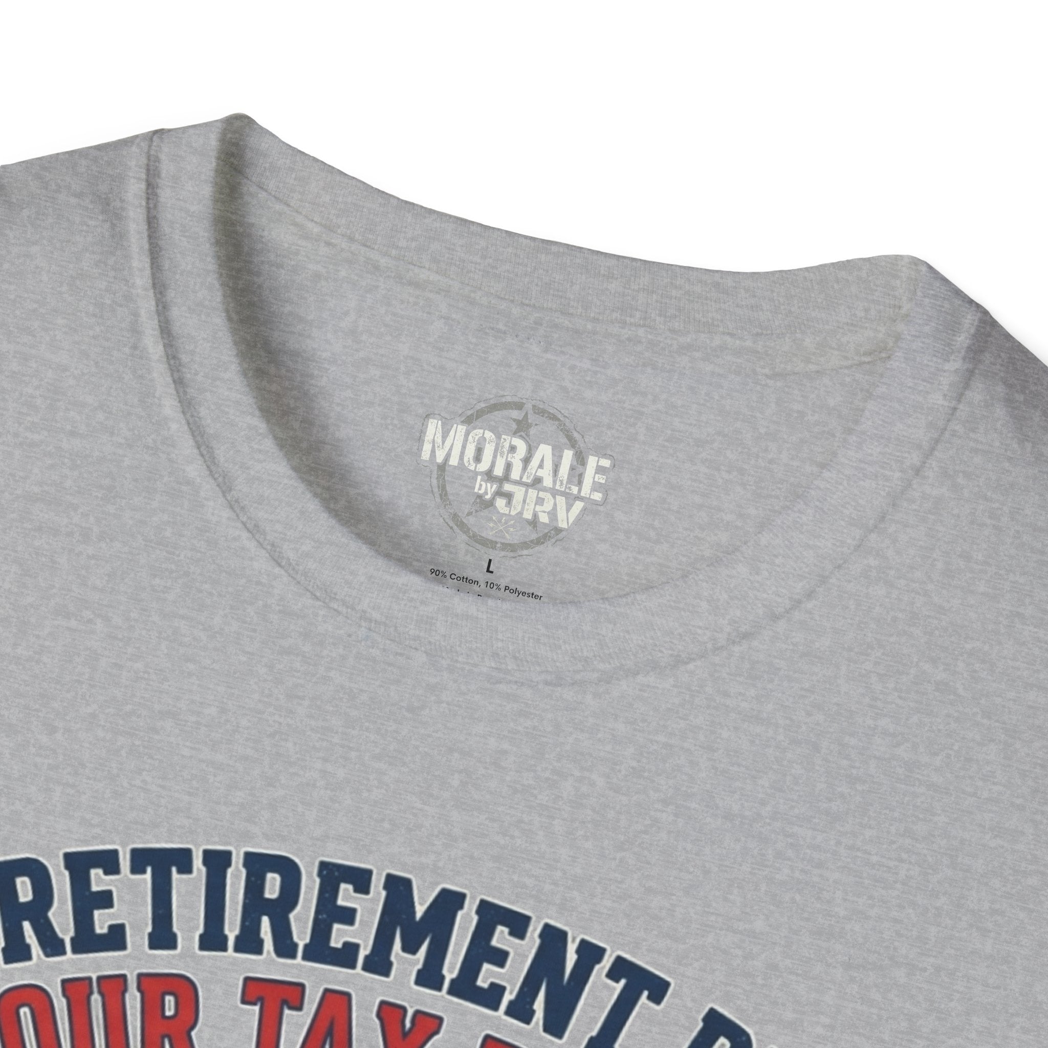 Sport Grey T-shirt close-up of neckline and collar label; partial “RETIREMENT PLAN” print