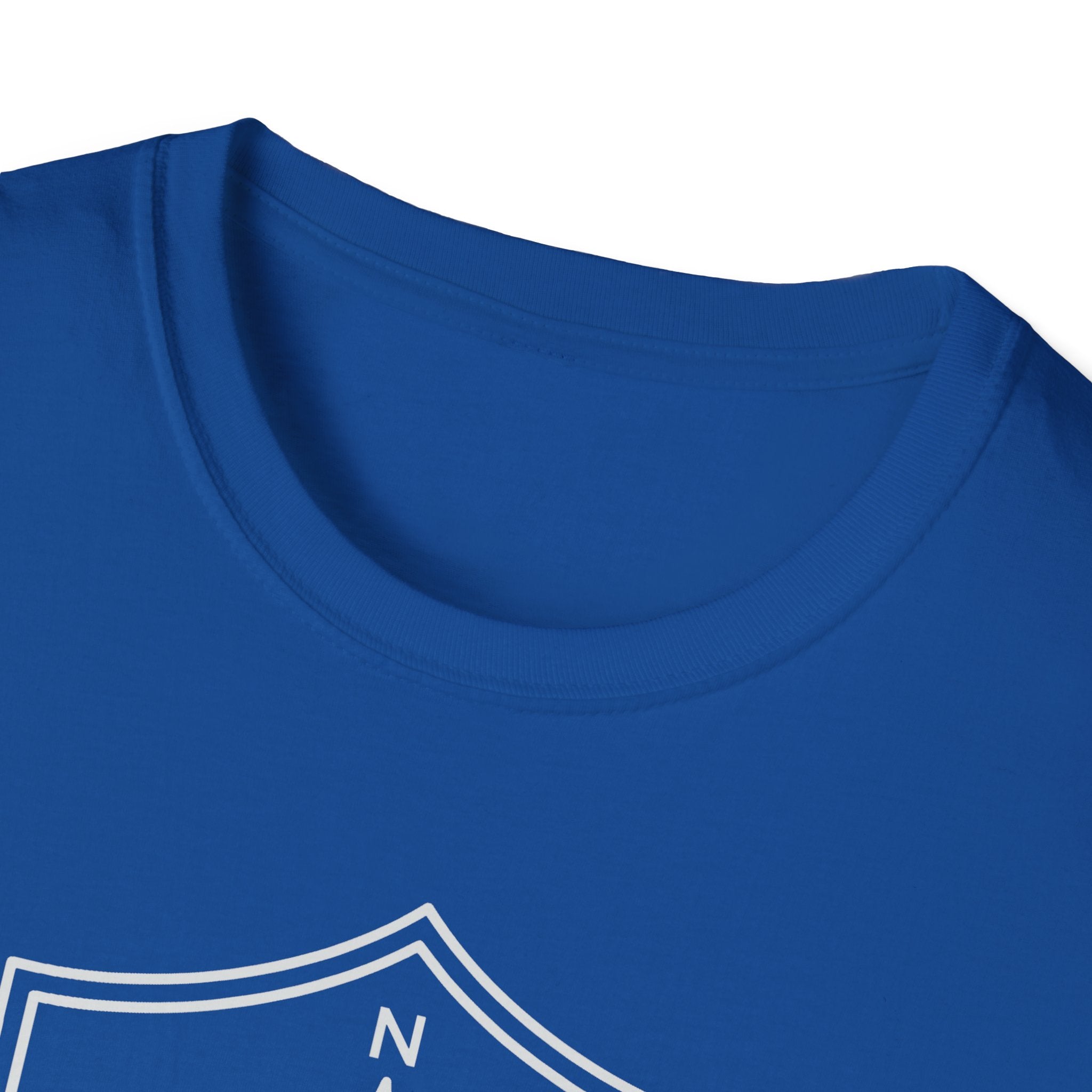 Royal blue T-shirt crew neck close-up, short sleeves.