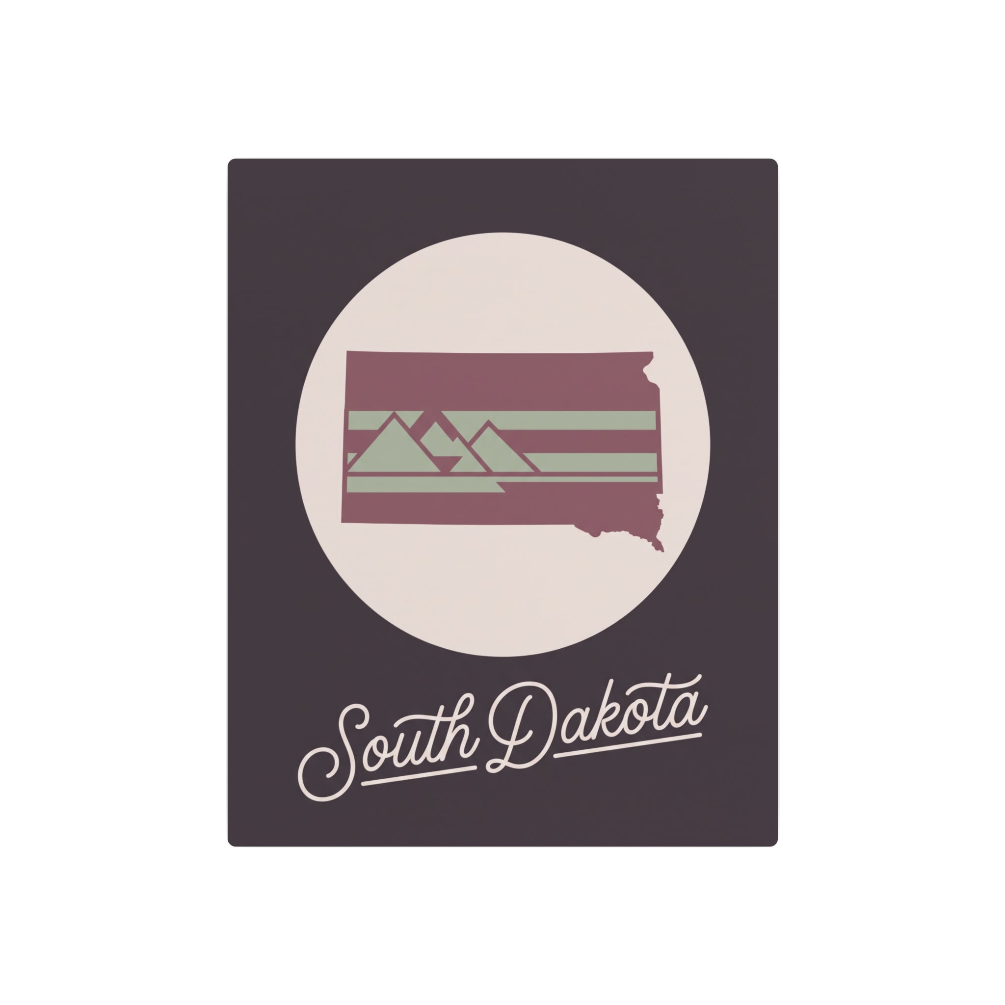 Mauve square South Dakota metal wall art featuring circular silhouette badge and script