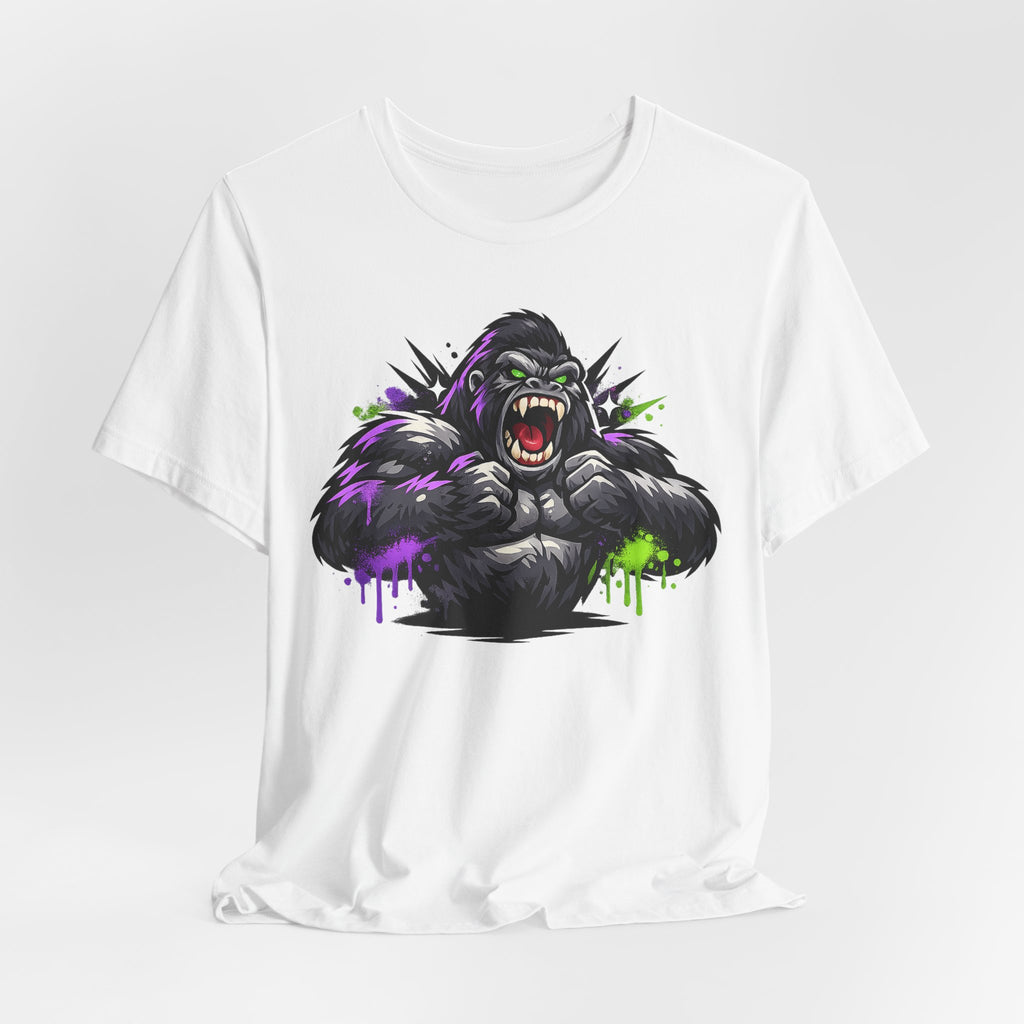 White crew-neck T-shirt with centered roaring gorilla neon graphic