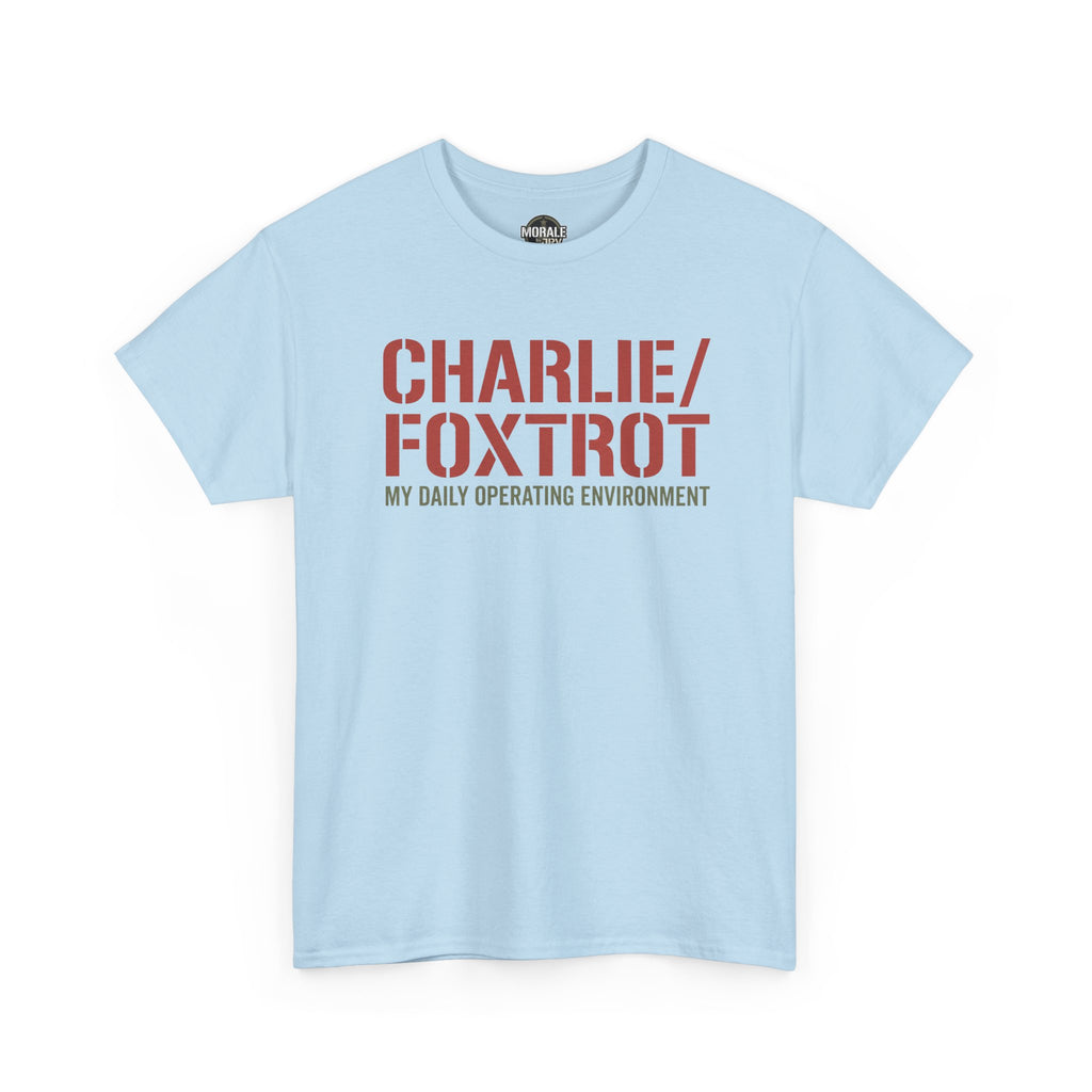 Light blue crewneck T-shirt with red 'CHARLIE/FOXTROT' front graphic.
