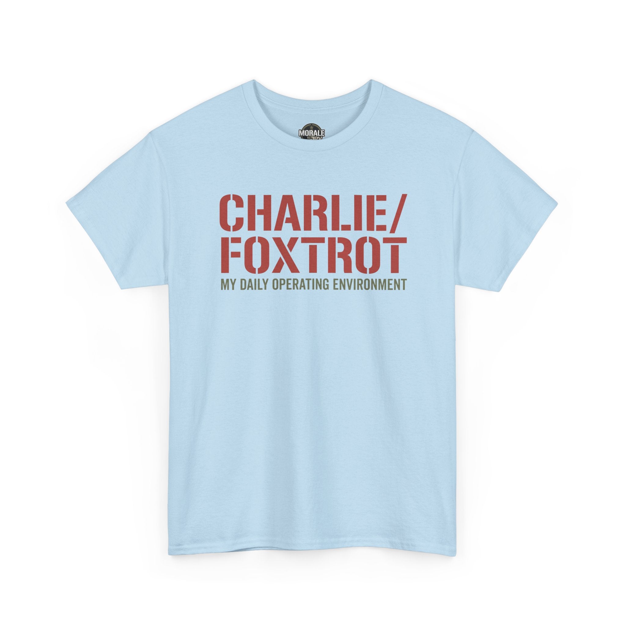 Light blue crewneck T-shirt with red 'CHARLIE/FOXTROT' front graphic.