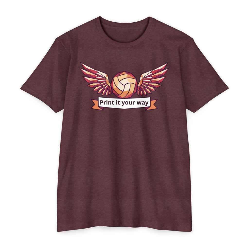 Unisex volleyball T-shirt, dark maroon, winged volleyball logo on front