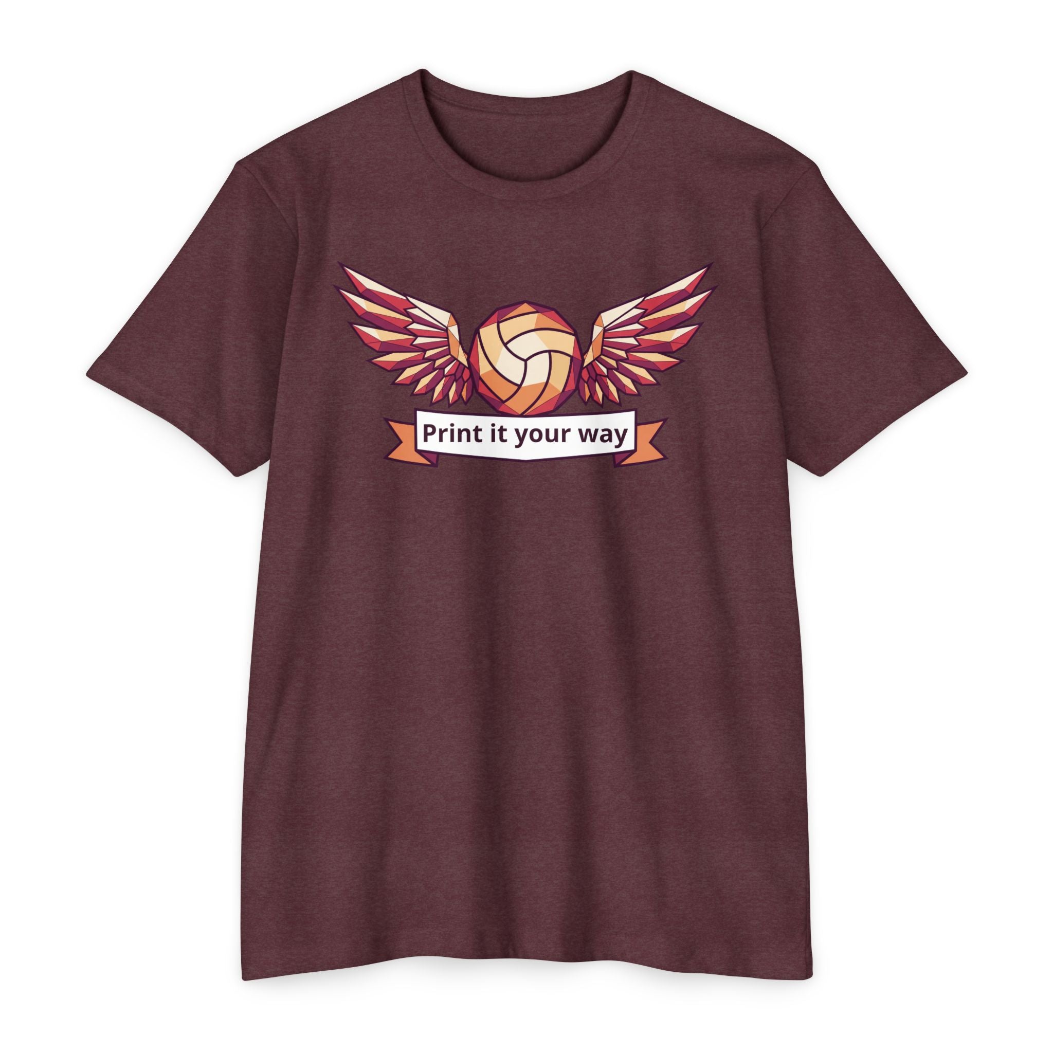 Unisex volleyball T-shirt, dark maroon, winged volleyball logo on front