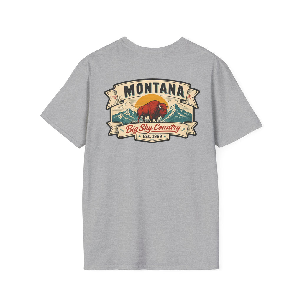 Gray Montana bison travel T-shirt with 'MONTANA' and 'Big Sky Country' graphic