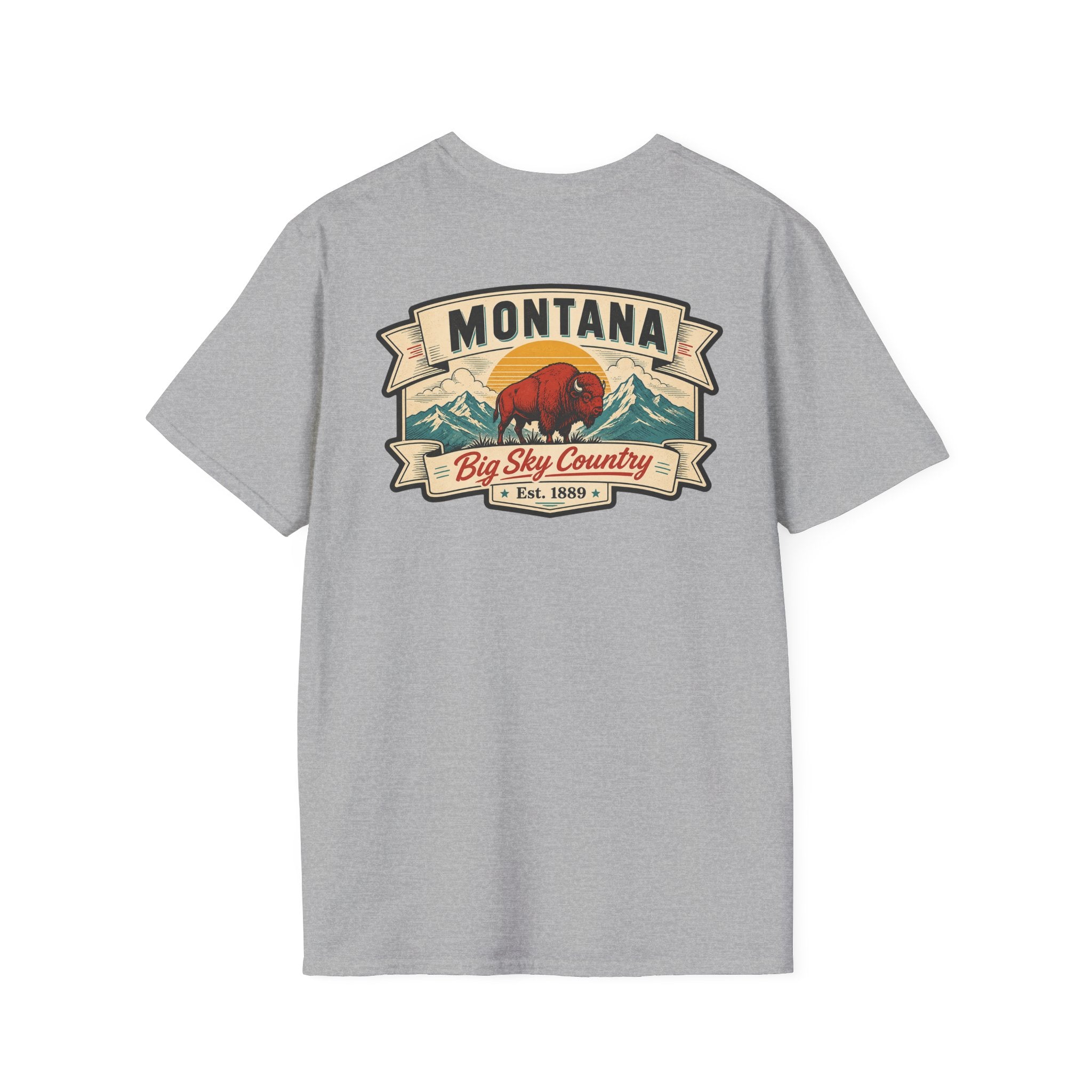 Gray Montana bison travel T-shirt with 'MONTANA' and 'Big Sky Country' graphic