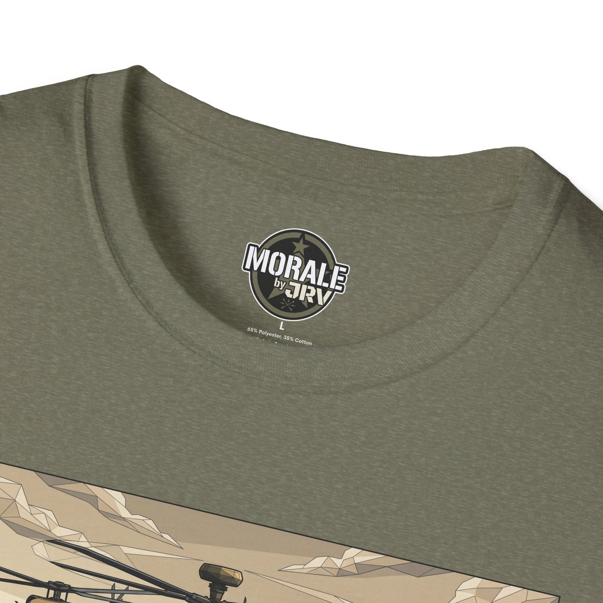 “MORALE by JRIV” collar logo on olive heather T-shirt.