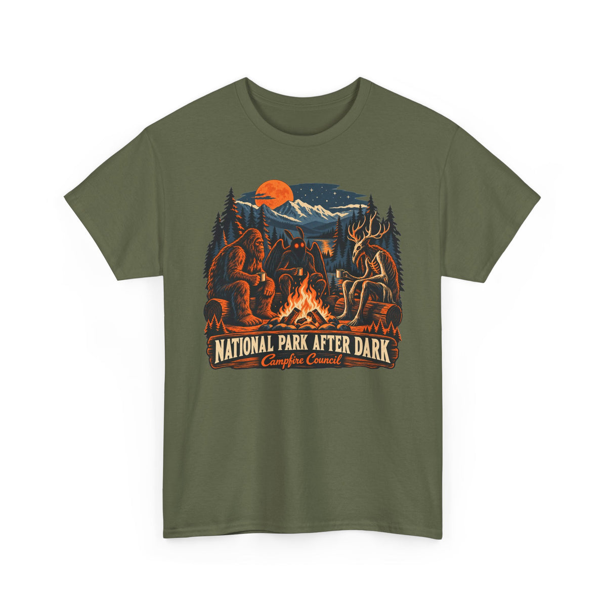 National Park After Dark Campfire Concert T-Shirt, Bear and Elk Mountain Camping Shirt for Men and Women, Hiking Gift Tee