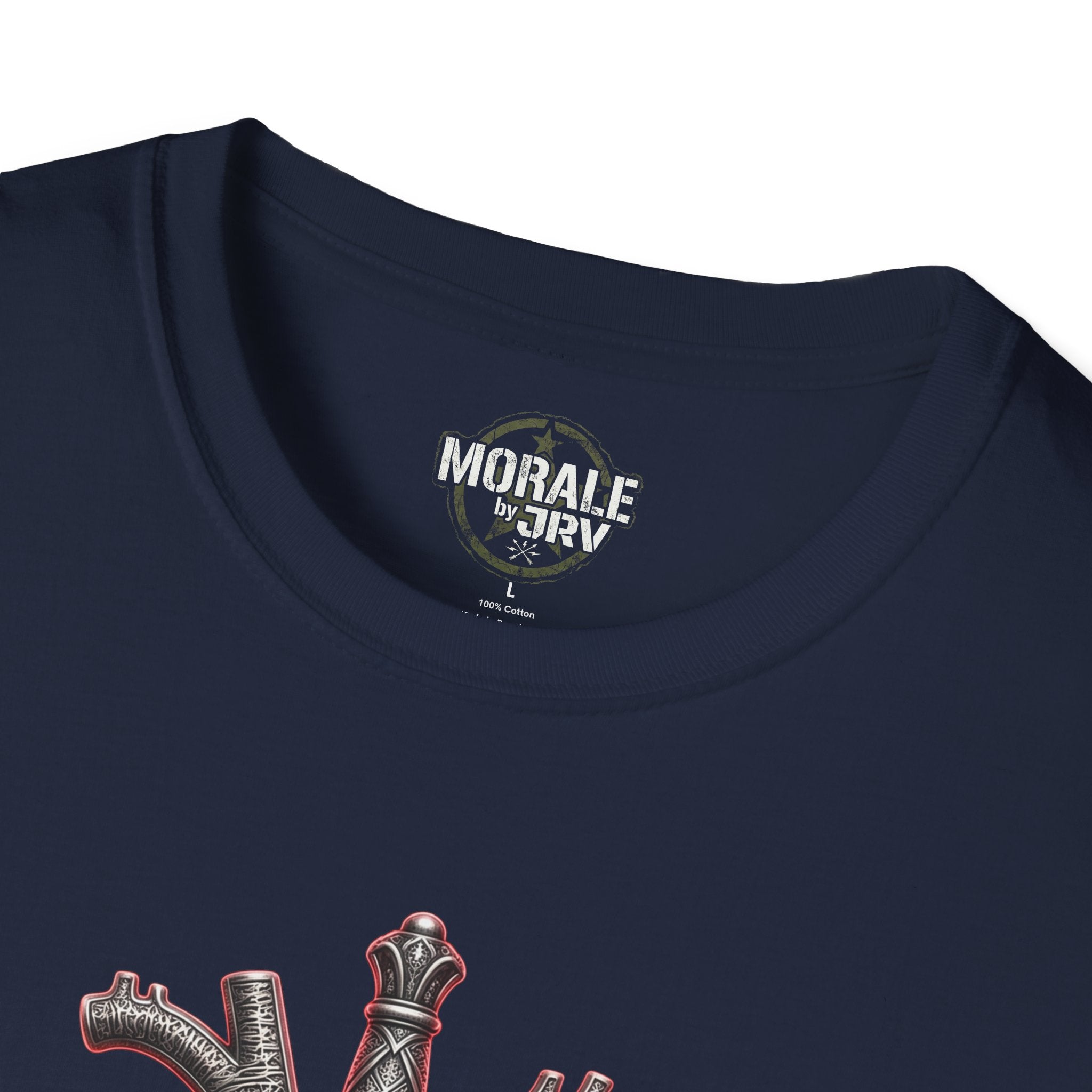 Navy T-shirt neckline with small MORAL by JRV logo