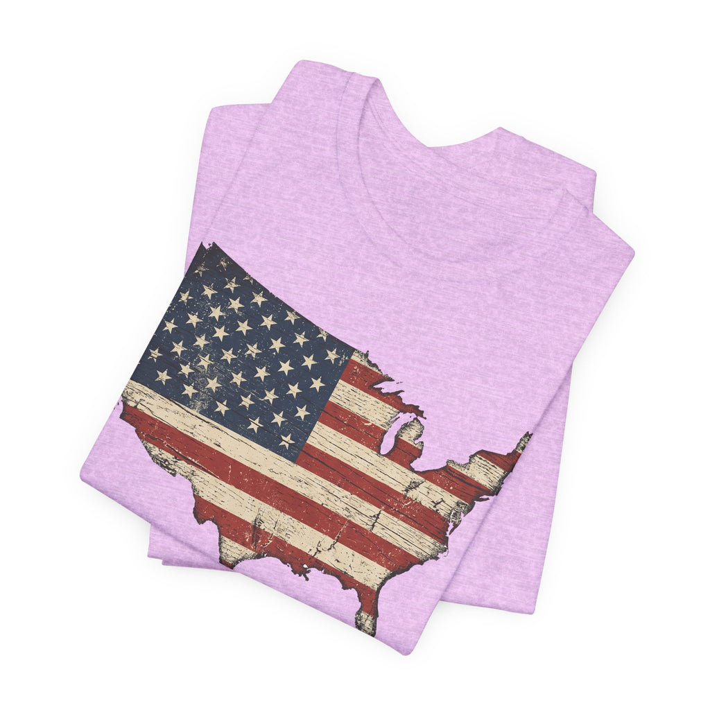 Lavender heather T-shirt with distressed American flag USA map graphic, crew neck