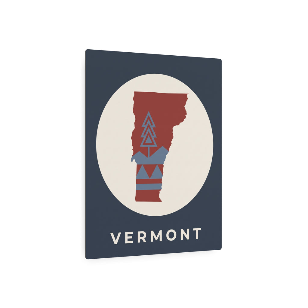 Vermont metal art sign, dark blue square with white circle, red state cutout and VERMONT