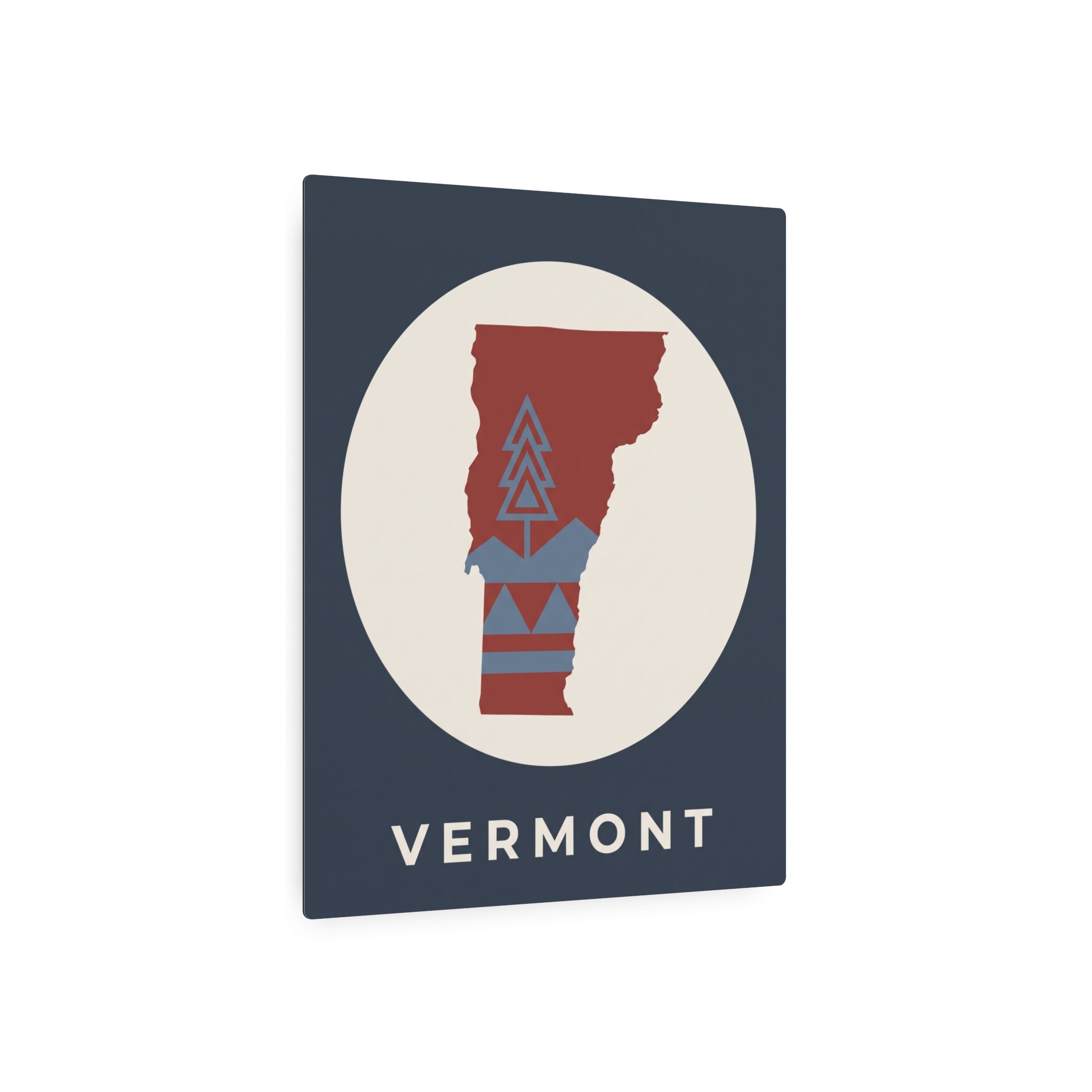 Vermont metal art sign, dark blue square with white circle, red state cutout and VERMONT