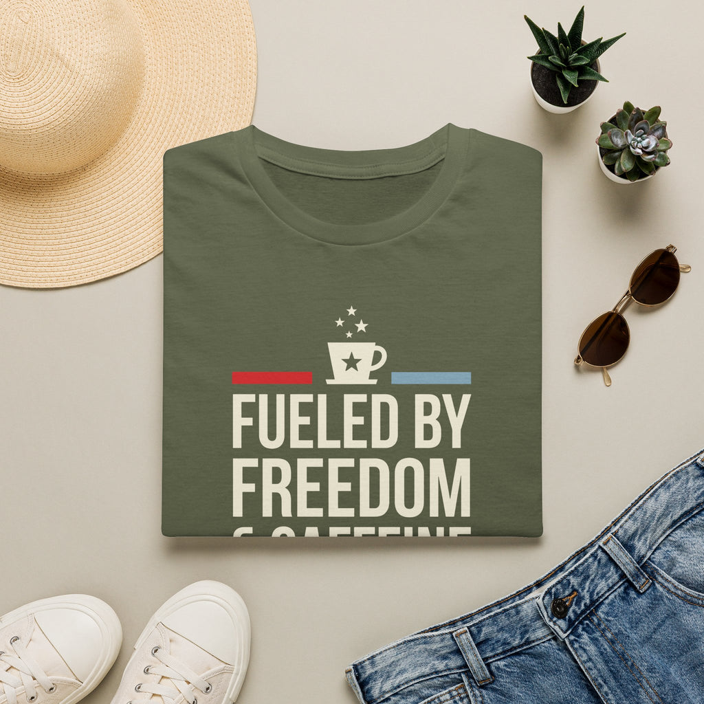 Military green T-shirt with “Fuelled by Freedom” graphic, coffee cup icon, red and blue