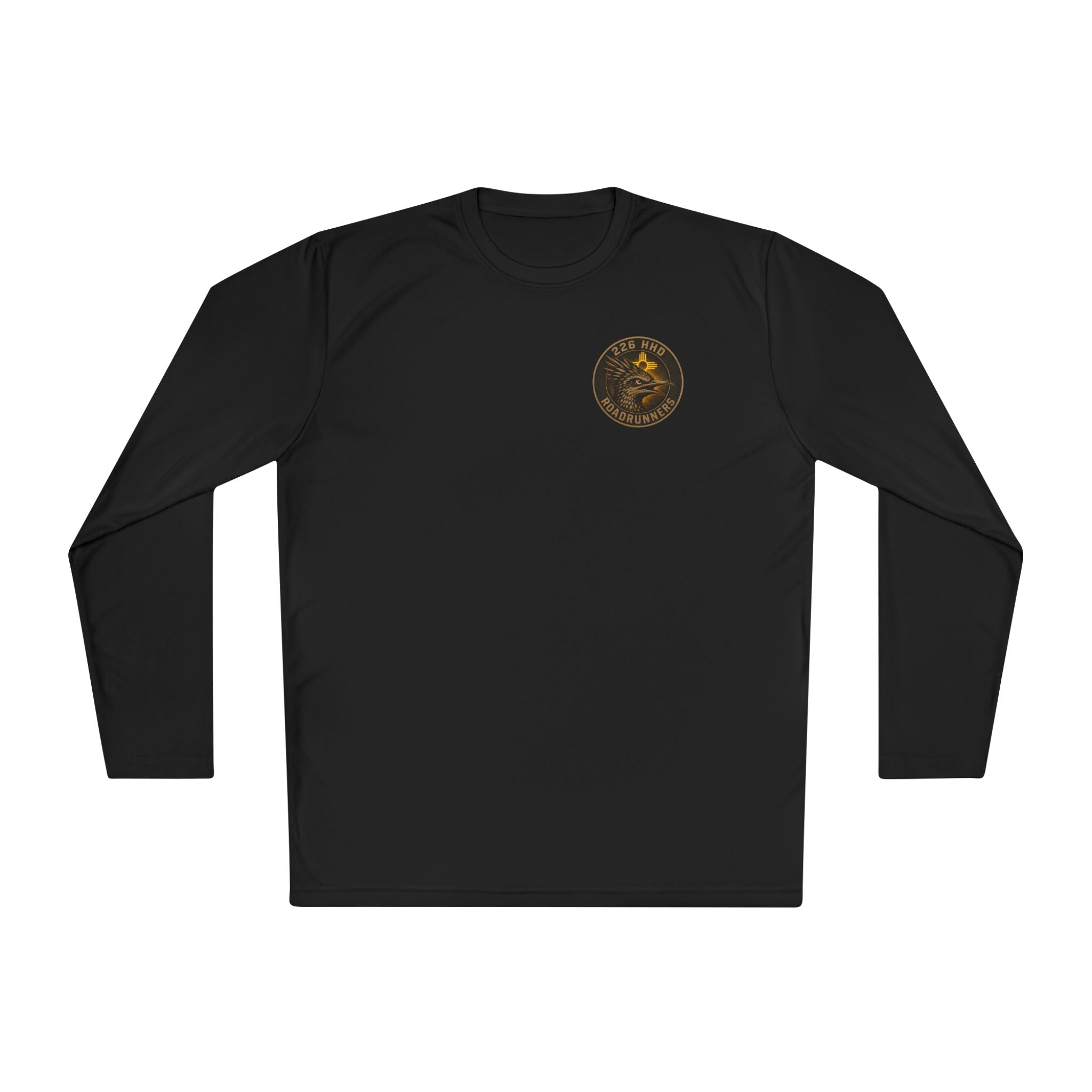 Black long-sleeve polyester tee with small round chest emblem