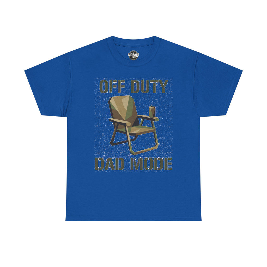Men's royal blue t-shirt with 'Off Duty Dad Mode' lawn chair graphic on front