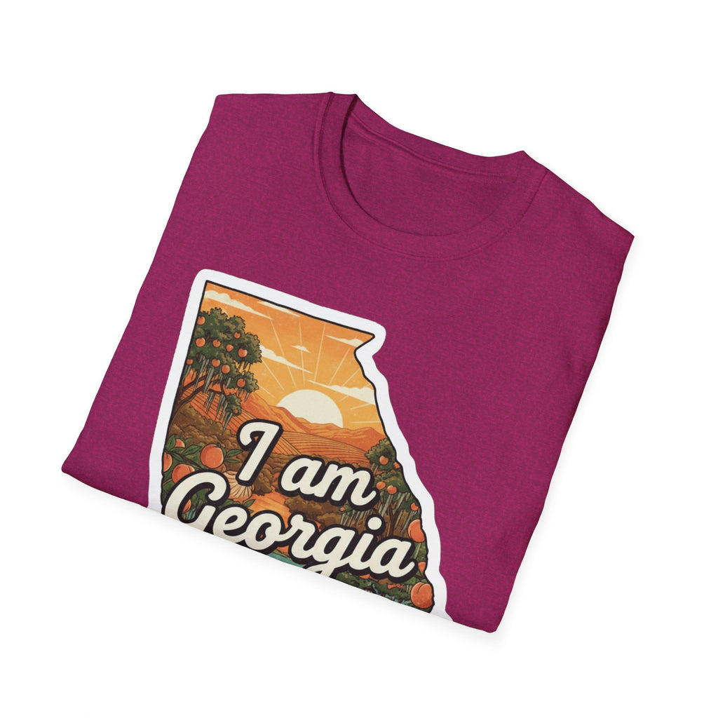 Magenta T-shirt with Georgia state outline and “I am Georgia” illustrated print
