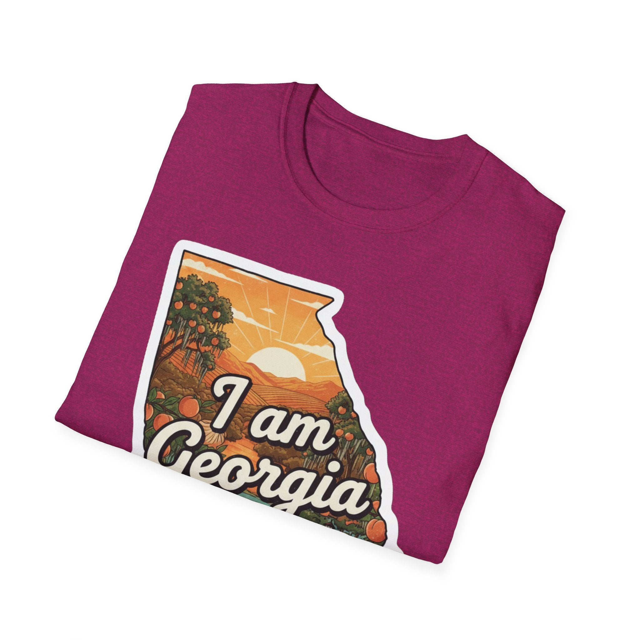 Magenta T-shirt with Georgia state outline and “I am Georgia” illustrated print