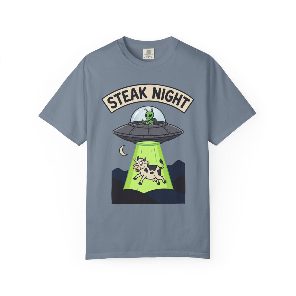 Steel blue T-shirt with “Steak Night” alien and cow graphic