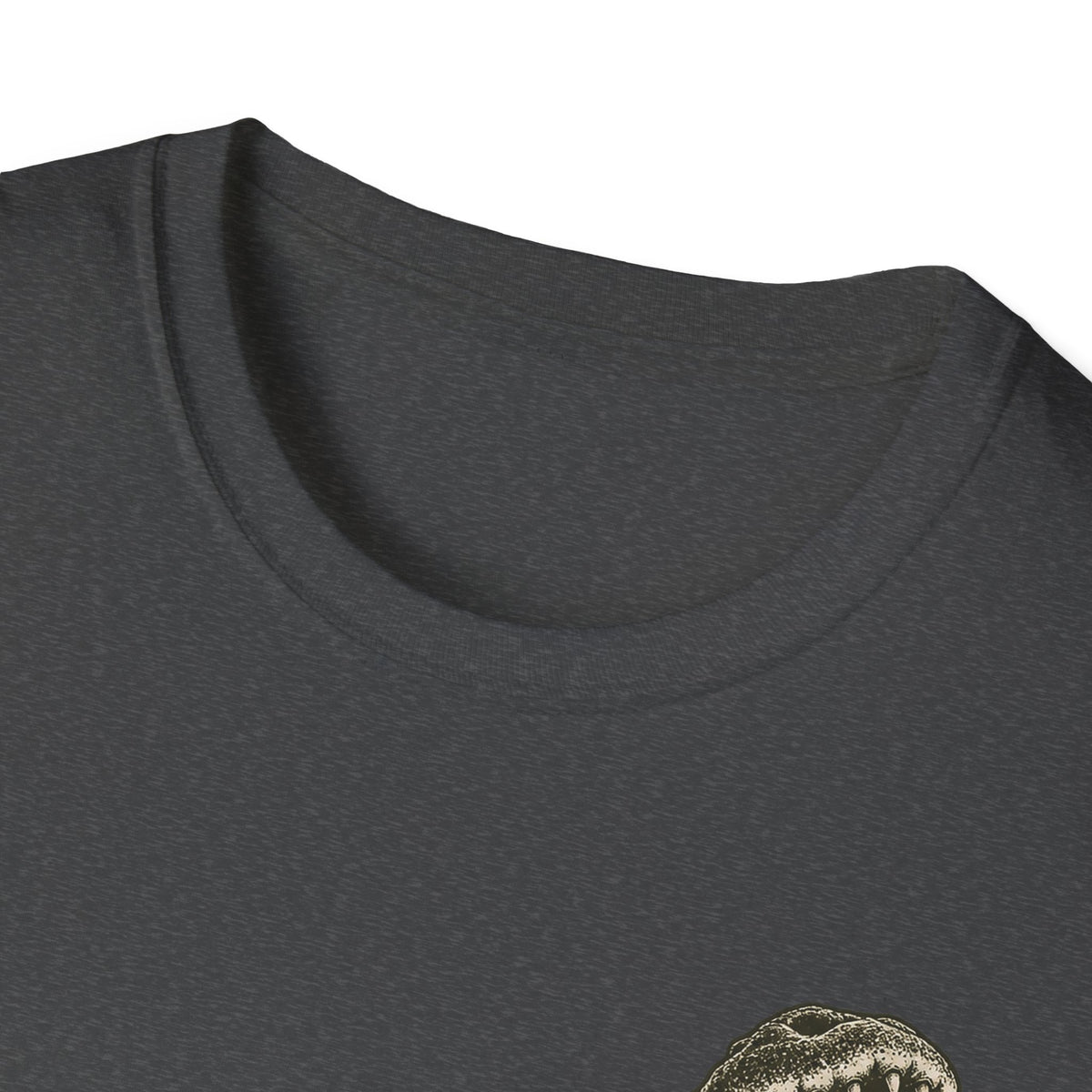 Dark gray crewneck T-shirt close-up with partial alligator graphic