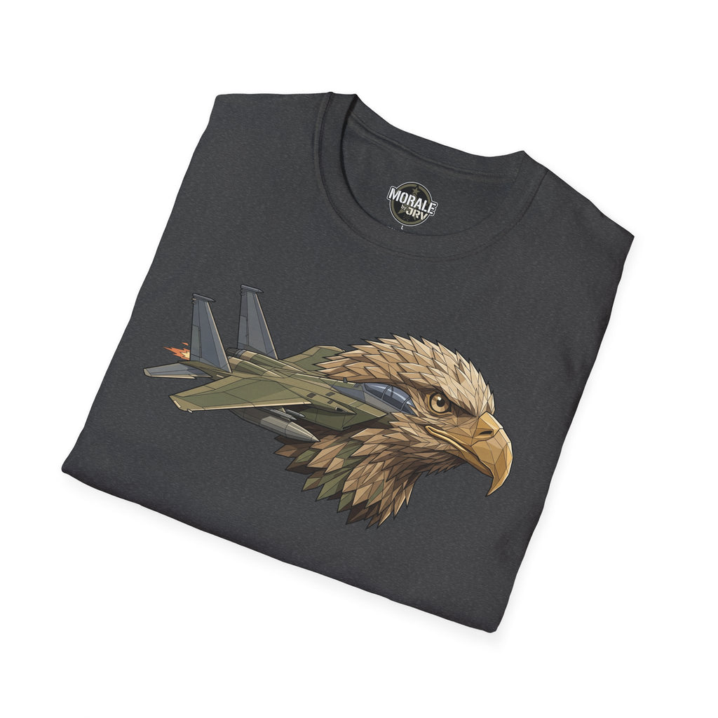 Dark gray T-shirt front graphic: eagle head with fighter jets, crew neck