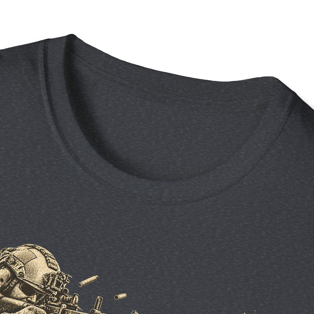 Dark gray crewneck T-shirt with close-up soldier and machine gun graphic detail