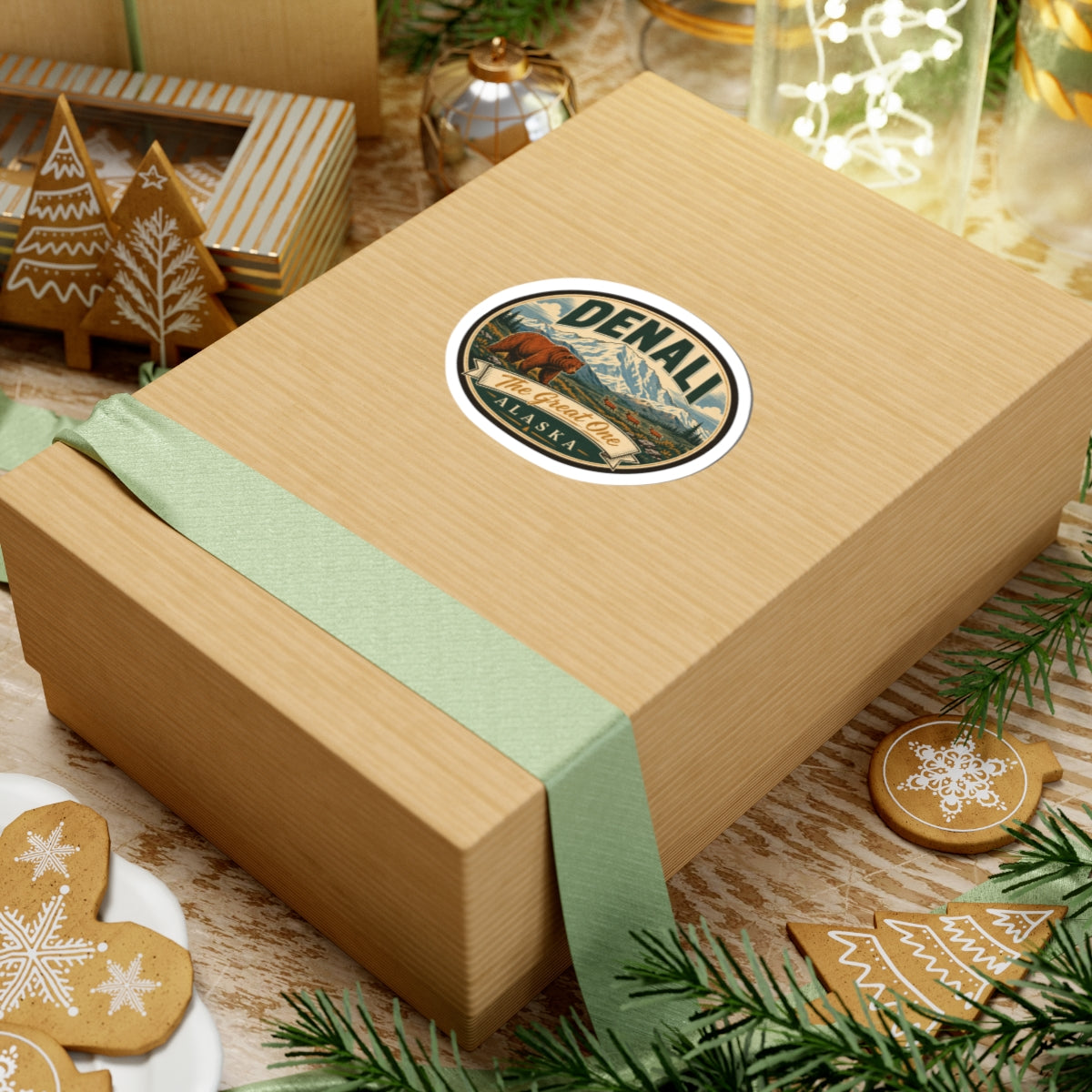 Denali oval sticker on a wrapped gift box, bear scene and “The Great One Alaska” logo