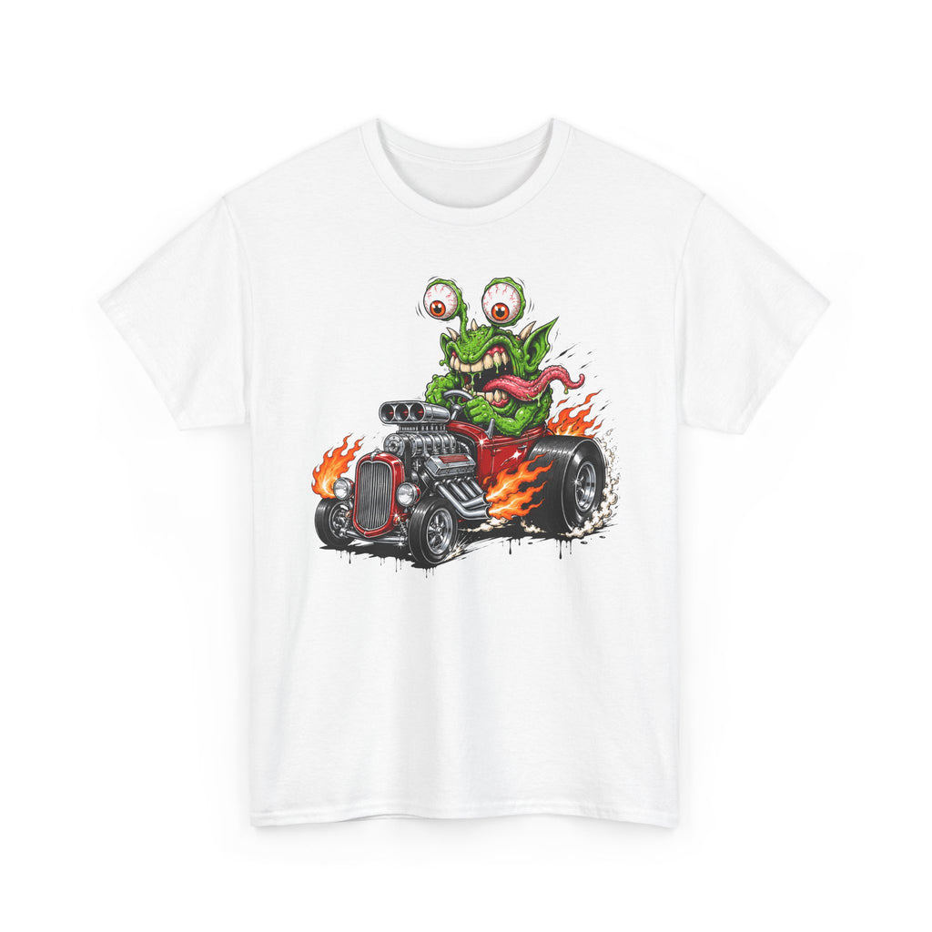 White crew-neck hot rod tee with wild-eyed monster on car graphic, short sleeves