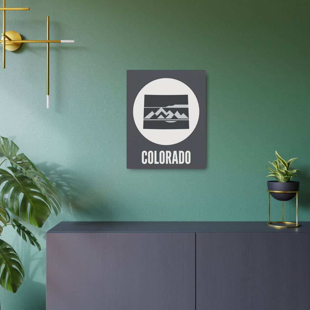 Square gray metal wall art plaque featuring mountain range silhouette in circular badge