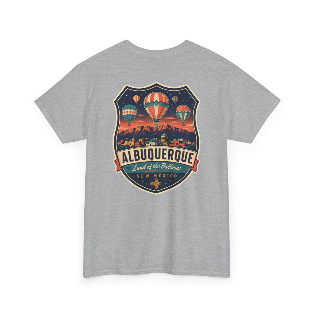 Heather gray T-shirt with Albuquerque hot air balloon badge graphic on chest