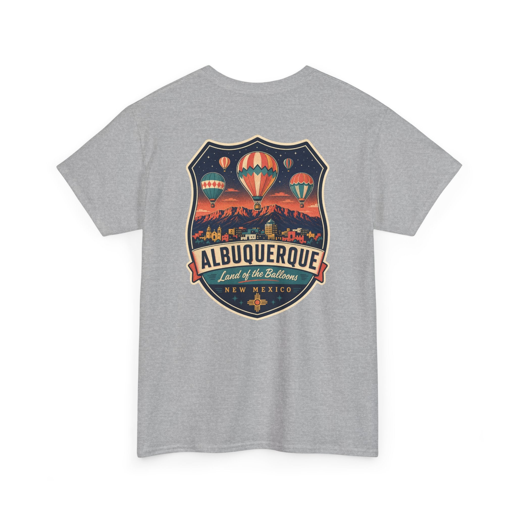 Heather gray T-shirt with Albuquerque hot air balloon badge graphic on chest