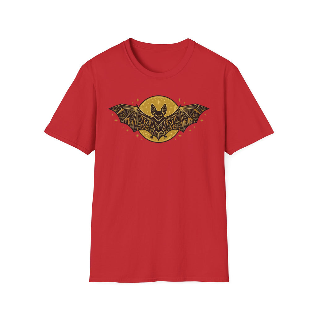 Red crew-neck T-shirt with bat and moon graphic