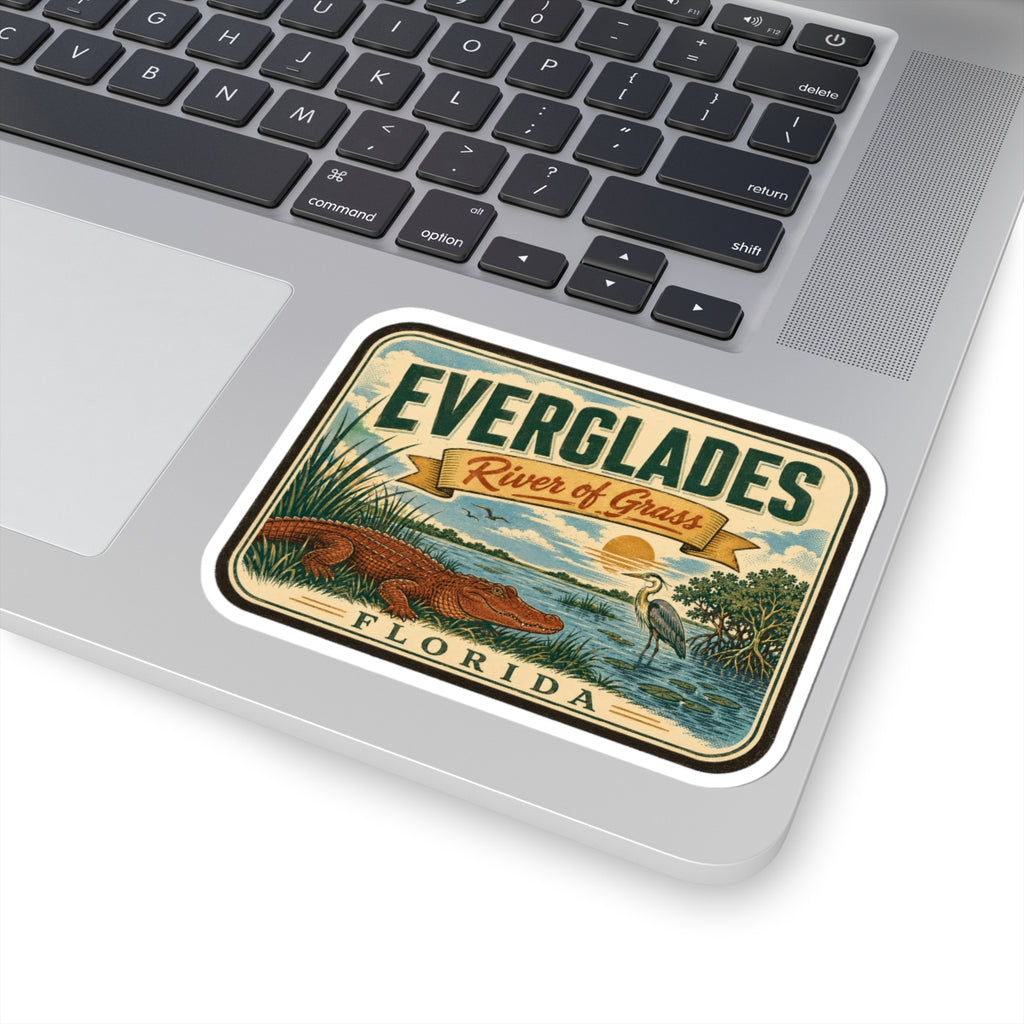 Everglades River of Grass Florida travel sticker on a laptop keyboard, angled view.